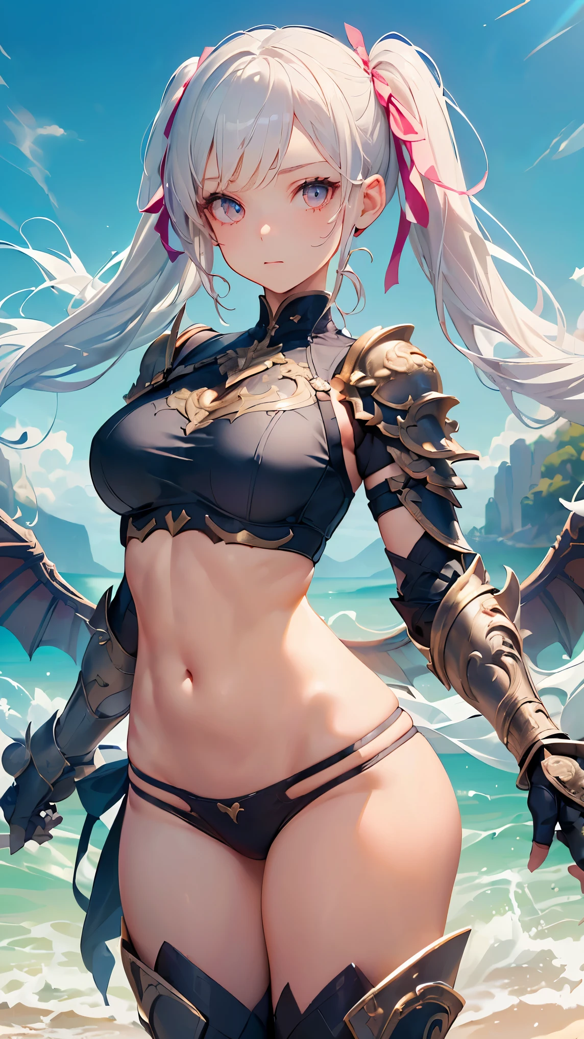 (((Best quality, 8k, Masterpiece: 1.3)), ((best quality)), ((masterpiece)), (detailed), perfect face, perfect body, (detailed skin:1.3), (intricate details), Full body armor, gauntlets, long spears, vividly colored wings, White hair, pigtails, pink ribbon tied around the pigtails