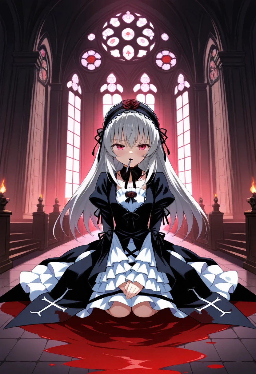  score_9,      score_8_up,      score_7_up,      score_6_up,      score_5_up,      score_4_up,  source_Anime, tag1,  tag2,suigintou, gothic Fashion Show，  beautiful details ， beautiful model ，Nightmare， （dark gothic，Steampunk gothic Victorian Style）, dark, cigarette，hell，magma，Inflammation，（紫色Inflammation：1.3），There is fresh Blood on the ground，Blood pool，dripping Blood，gothic aesthetics，One、 Rose、city、cross、Blood、教会のGrave地，Gothic Mystery、Solemn and profound，gothic， gothic lace clothing 、象征浪漫的 Rose、Grave、吸Blood鬼、witch、rest、Gothic cathedral，gothic Symbol Series