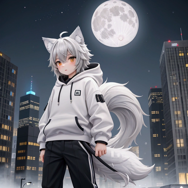 A teenaged boy, light gray colored wolf ears and tail, overfit white hoodie and black pants, white snickers, modern city background with snow and full moon on the sky