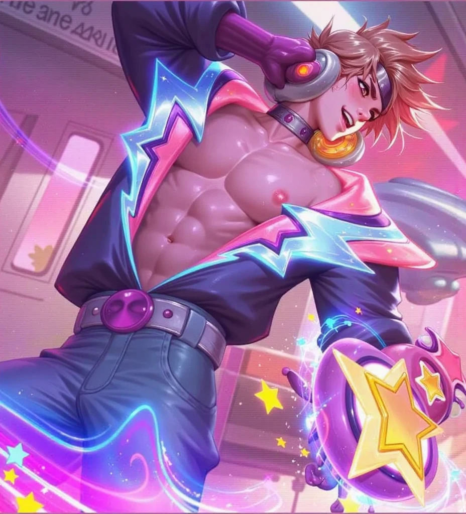 
 a close up of Ezreal holding his hard big dick with his pants open in a room, shirtless, Looking at the camera blinking eye , hero pose colorful city lighting, kda,  Sakimichan Frank Franzzeta , reach murata and artgerm, Ezreal (league of legends, a skin,  extremely detailed artgerm, sakimichan,  artgrem , rossdraws vibrant cartoon, arte de splash, pink hair