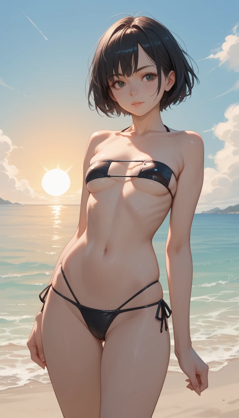 1girl, solo, short hair, black hair, swimsuit, micro-bikini, micro-tubetop bikini, sky, sun, beach, 