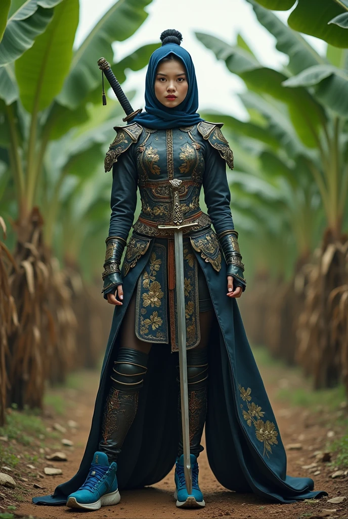 Girl, hijab, masked, holding a sword, sword in backwards, forest background
