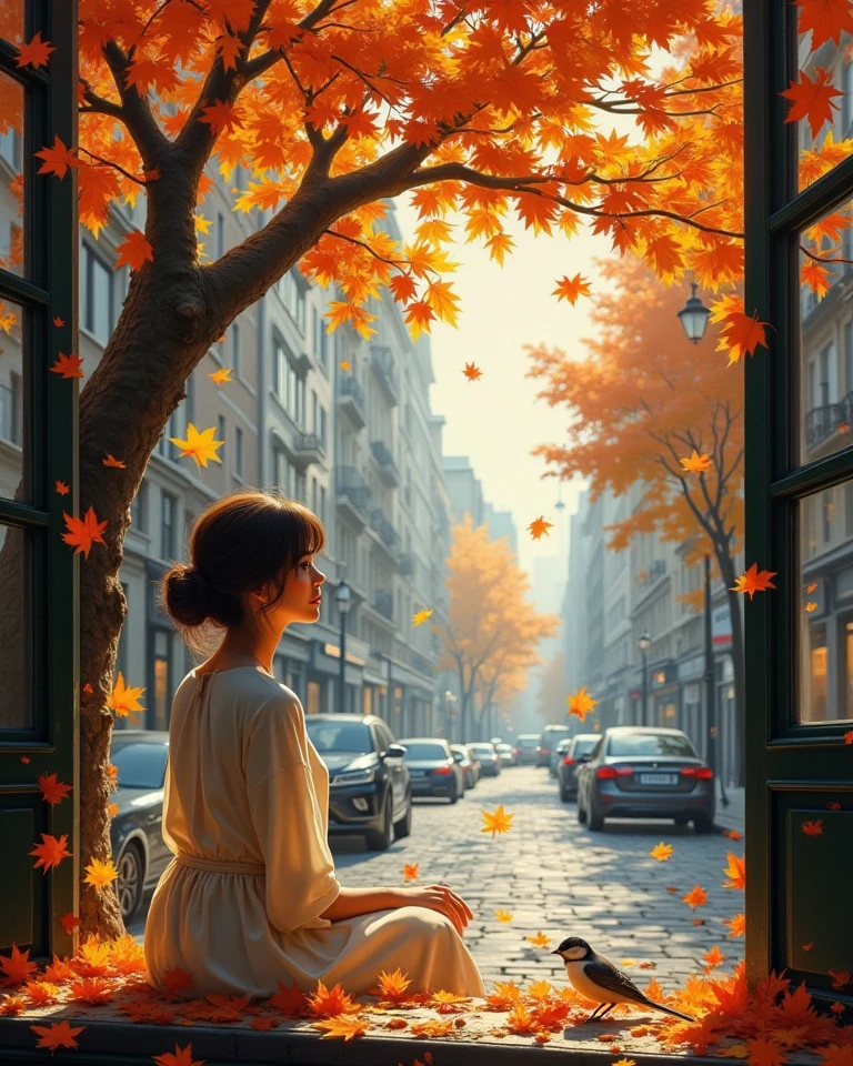 Masterpiece surreal hyper realistic oil on canvas painting in Don Lawrence style about the autumn leaves drift by the windows when a beautiful woman is staring on a beautiful tree leaves falling on the streets with a small bird perched on a branch, High Resolution, Award Winning, Best Quality, Detail, High Details, UHD, 