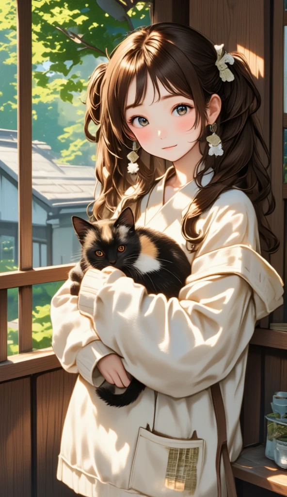  best quality、Girl holding a calico cat 、Balconyに座る***and a calico cat ,  cute  girl 、 brown hair bunting hair、Black Cat、natureな見た目、Long Hit、nature、An old Japanese house 、Eaves、Balcony、