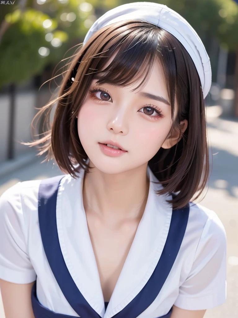 (1 Girl)、(Beautiful Japanese、18years old,round face、Refreshing、clear、seems kind、stylish、Pitiful、cute like an angel、cute、black eyes、,actress,Almond-shaped eyes,Translucent white skin、Beautiful skin), (((Good style))) , (((Beautiful big breasts:1.2))),(((soft breasts))),(very cute),(Black hair),(short bob hair),(enchanting eyes),(highlight on eyes:1.2)、(8K、Live shooting、highest quality、masterpiece:1.2、optimal lighting)、((masterpiece)),(Photo taken by a professional photographer),(real、photo real:1.4),break,{ (White nurse costume),(((taraditional nurse uniform)))},(tears:1.0))(cheeks are red:1.4), break, break,Old abandoned hospital,Face shot:1.3、looking at viewer, face close-up,Looking up、(Cleavage:1.6)、Peering in with a worried look on her face,Weak face,From below,(((dynamic angle)))