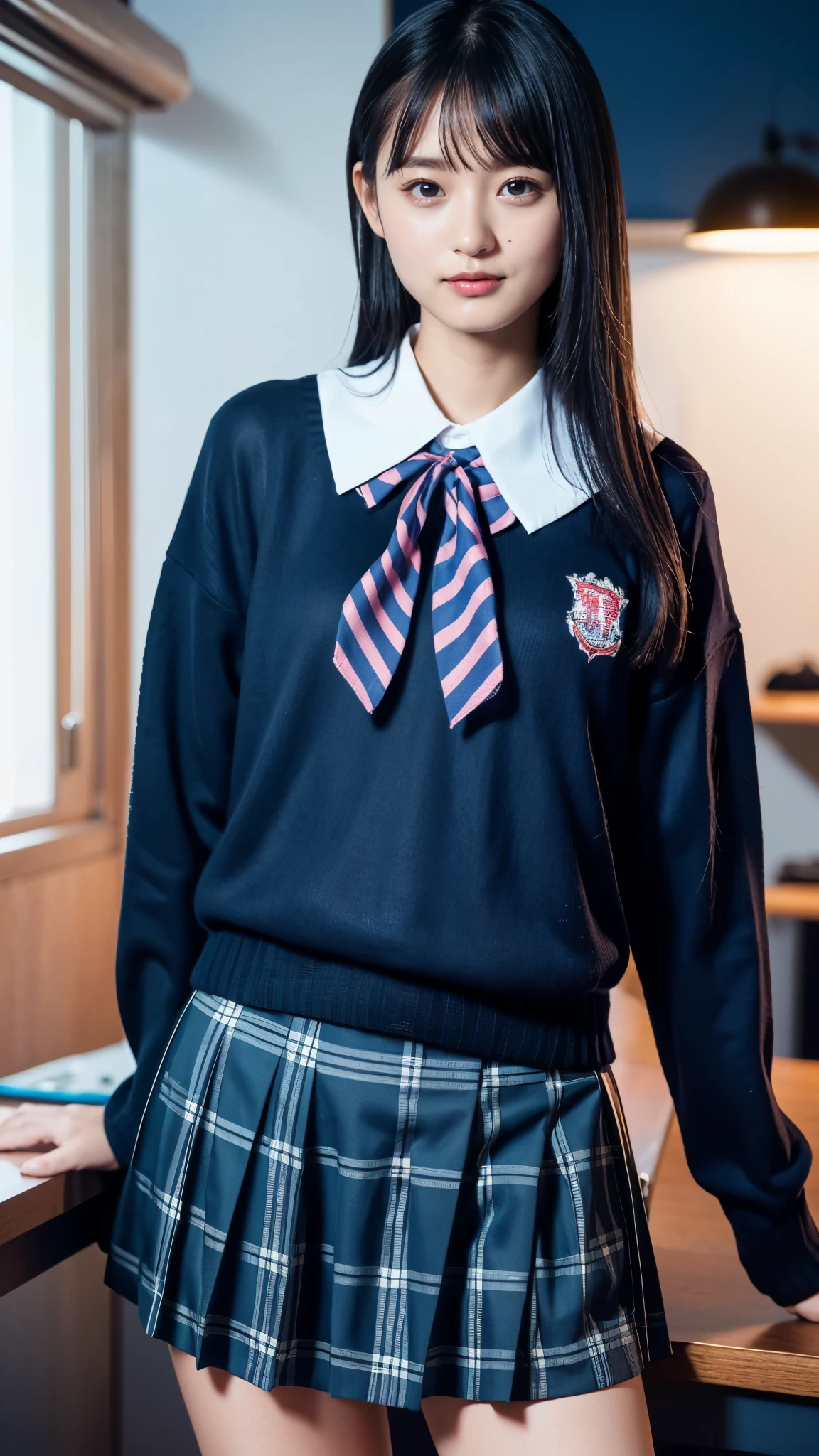 (Highest quality, 4K, 8k, High resolution, masterpiece, Genuine, Realistic, Realistic:1.3), (upper body, from below), Girl sitting on school desk, grin:1, phisically accurate, ((wearing white collared Uniform with blue neckerchief, one colour dark blue sweater, dark blue plaid skirt)), ((pink striped pattern underwear)), 18-year-old, black braid hair, bangs, A small smile, Thighs, knees, From below, pinching skirt:0.7, open legs:0.8, soft lighting, in changingroom,