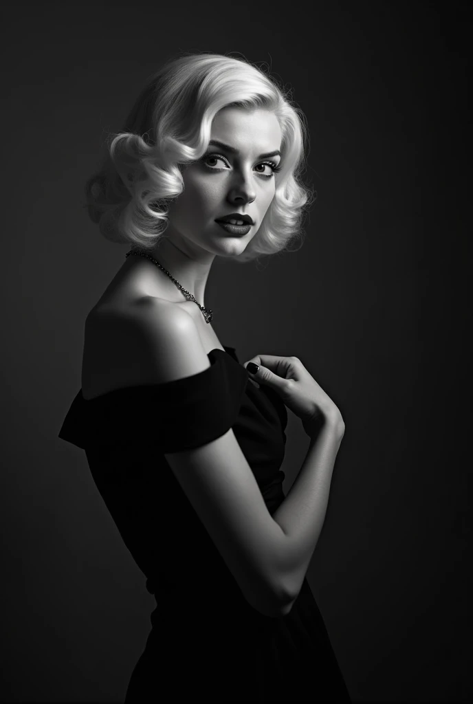 Prompt:(black and white photo dark :1.2), (dynamic angle, perspective view :1.2), darkened background, lighting from below, the viewer looks from the side, (1940s glamour) This (alluring) RAW photo features a (gorgeous) woman wearing a black dress in the (classic) style of the 1940s. (Expertly) captured using a (high-end) professional camera, this (mesmerizing) image (evokes) the (romance) and (elegance) of the era, beautiful adult woman (25 years old), with white hair, backlight, rosy cheeks, confused, mischievous look, parted lips, (sensual:1.4), (sexual:1.5), bare breasts, realistic breasts, realistic nipples, natural breasts, small breasts, clear focus, night, high quality, shot by Canon EOS 5D camera, (blur background :1.2), (winner photo :1.4), studio shooting, high detail, high quality, 4K