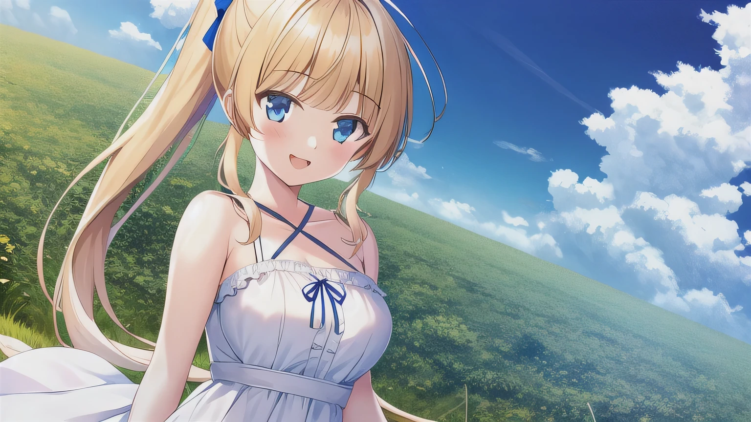 masterpiece,  best quality,  high definition , Game CG,  1 girl , ,Ponytail, blue eyes, viewers,Ponytail,Blue Eyes,  bangs,Blonde, white dress,Frills,Droopy eyes,Align your bangs,smile,I'm watching , I have all my bangs, upper body,grassland,Ahoge