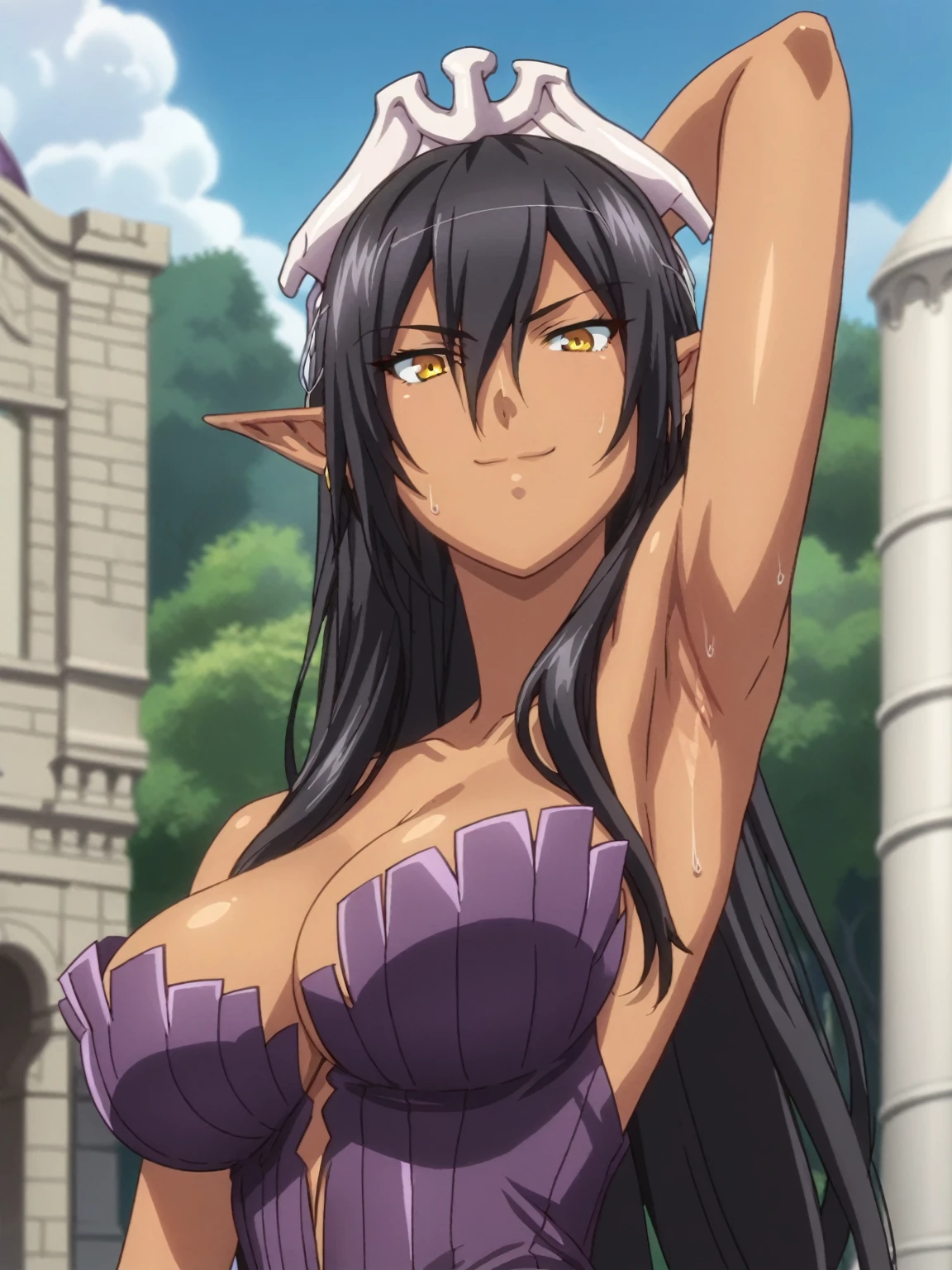 score_9, score_8_up, score_7_up, source_anime, anime screencap, 1girl, solo, olga discordia, long hair, black hair, yellow eyes , elf ears, tan, large breasts, purple dress, cleavage, arm behind head, armpit, armpit focus, from side, (from below:1.1), looking at viewer, head towards viewer, smile, closed mouth, badhandv4, outdoors, day, sweaty