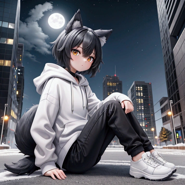 A teenaged boy, dark gray colored wolf ears and tail, short hair, overfit white hoodie and black pants, white snickers, sitting on the street, modern city background with snow and full moon on the sky