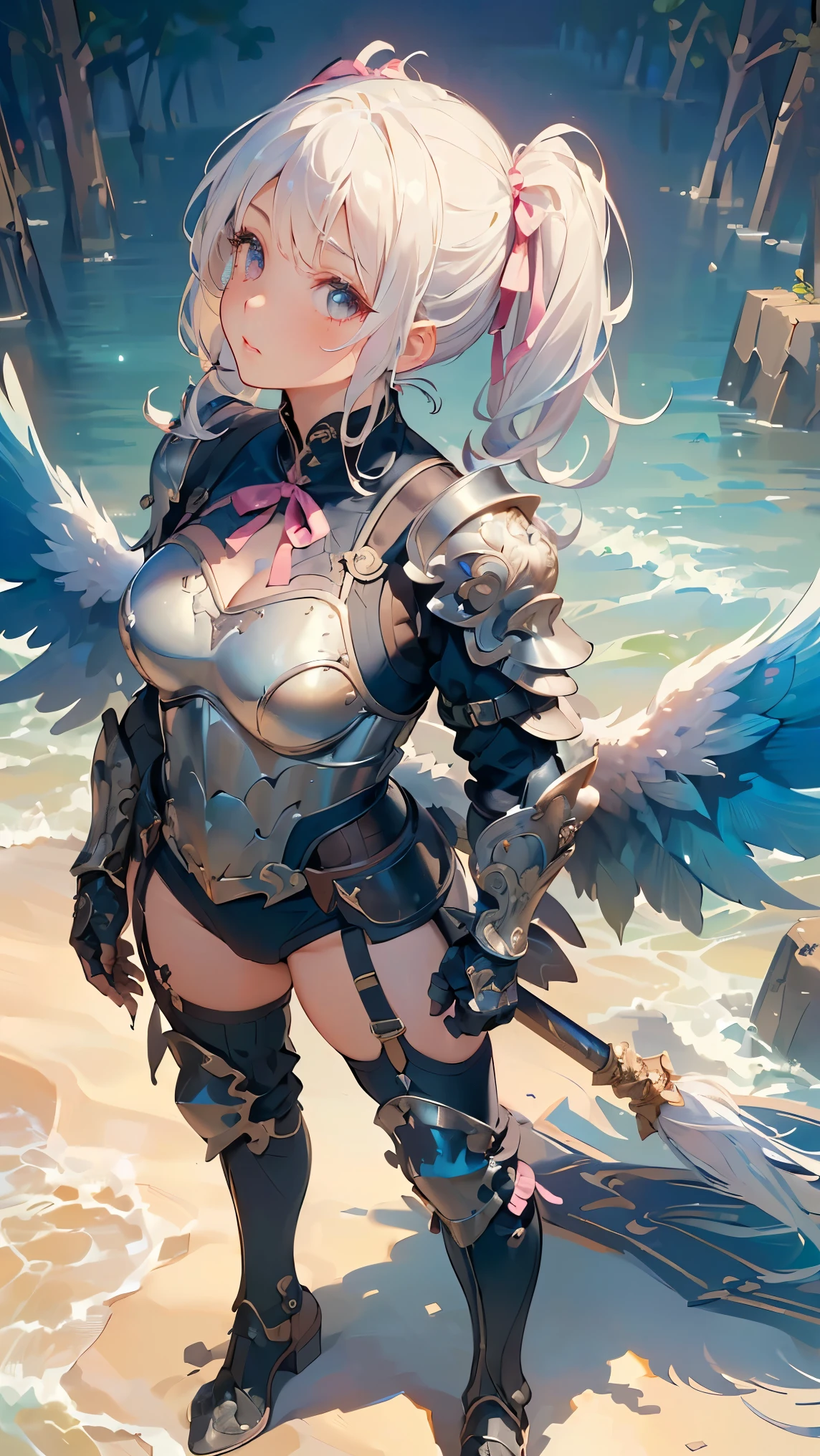 (((Best quality, 8k, Masterpiece: 1.3)), ((best quality)), ((masterpiece)), (detailed), perfect face, perfect body, (detailed skin:1.3), (intricate details), Full body armor, gauntlets, long spears, vividly colored wings, White hair, pigtails, pink ribbon tied around the pigtails