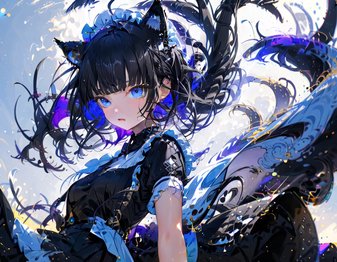 1girl, absurdly long black hair blunt bangs, blue eyes, cat ears, cat tail, chestnut mouth, large breast, open shoulder maid uniform, high waist short skirt, wind browing, floating hair, white background, contrapposto, cool expression, from below, look at viewer, soft focus, lens flare, masterpiece, best quality, vivid light color, Vector Art, 2D flat, simple shapes, professional graphic, flat color, Sleek design, 1girl, absurdly long black hair blunt bangs, blue eyes, cat ears, cat tail, chestnut mouth, large breast, open shoulder maid uniform, high waist short skirt, wind browing, floating hair, white background, contrapposto, cool expression, from below, look at viewer, soft focus, lens flare, masterpiece, best quality, Matte frosted color, Vibrant colors, Layering impasto (oil painting:1.1), ultra-detailed texture, perfect composition, intricate details, high resolution, High contrast, sharp focus, Delicate brushwork, ,AddXL,Dream Scenery