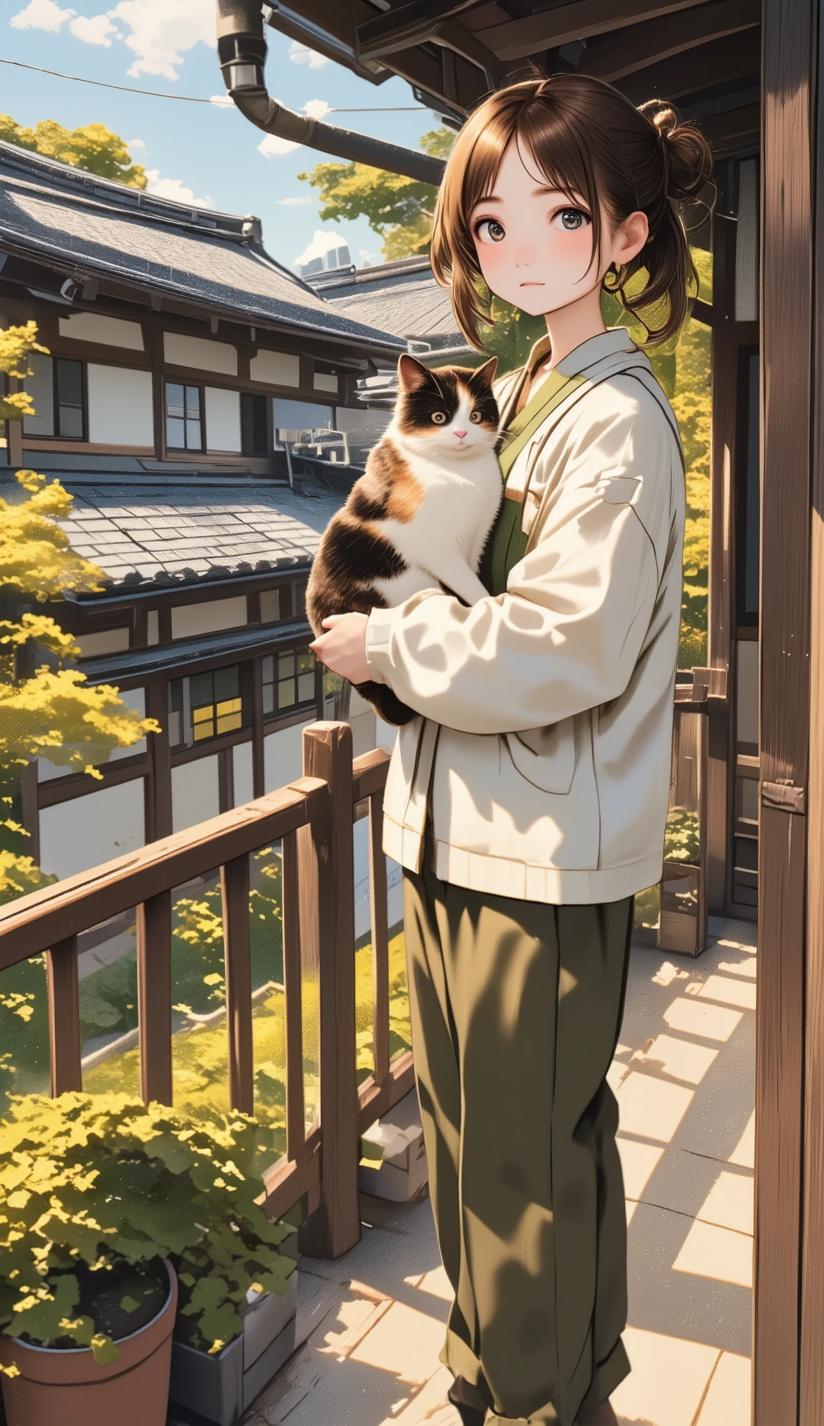  best quality、Girl holding a calico cat 、Balconyに座る***and a calico cat ,  cute  girl 、 brown hair bunting hair、Black Cat、natureな見た目、Long Hit、nature、An old Japanese house 、Eaves、Balcony、