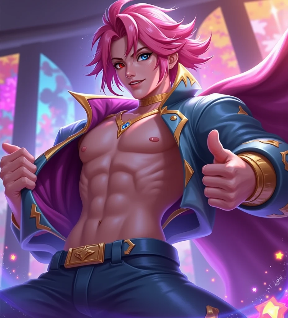 
 a close up of Ezreal holding his hard big dick with his pants open in a room, shirtless, Looking at the camera blinking eye , hero pose colorful city lighting, kda,  Sakimichan Frank Franzzeta , reach murata and artgerm, Ezreal (league of legends, a skin,  extremely detailed artgerm, sakimichan,  artgrem , rossdraws vibrant cartoon, arte de splash, pink hair, alone in a room