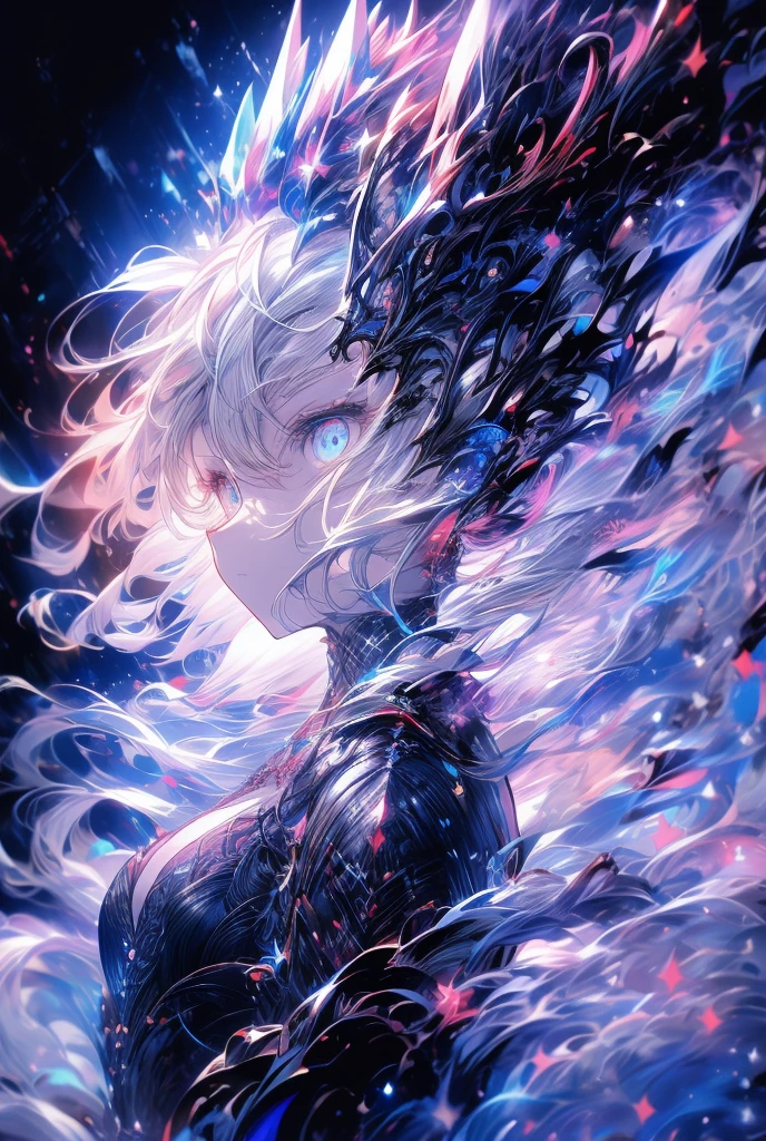 ((master)), ((best quality)), super fine CG unity 8k wallpaper, incredibly beautiful illustrations, floating, high resolution, dynamic, stellar space, giant white glowing stars, huge black hole in background, horror art, fear, best quality, masterpiece, super high resolution, surrealism, cinematic lighting, chiaroscuro, god ray, pov, sony fe gm, f/1.2, uhd, retina, masterpiece, ccurate, Super Detail, High Detail, High Quality, Award-Awarded, Best Quality, High Resolution, 16k, 16k, A god forged by cosmic starlight, body blending with the universe, terrible horn-like head (openwork, bones, detail, bleeding, in space), sturdy ailen body (partially covered with muscle fibers), mutilated left arm (revealing broken bones), bleeding nonstop (cosmic starry blood)