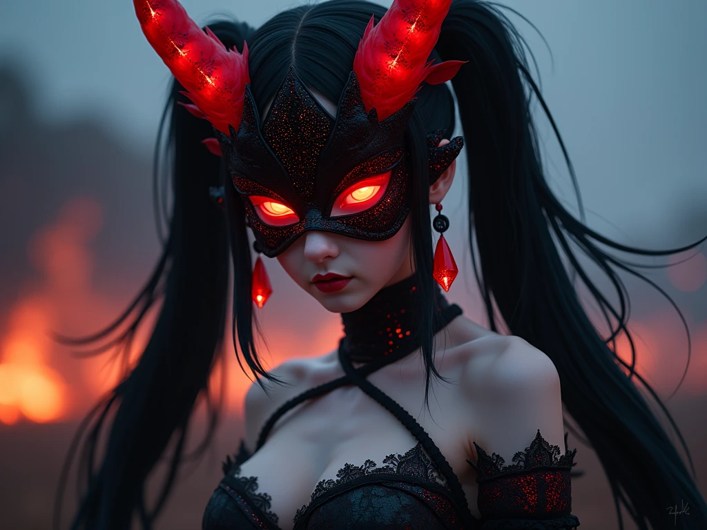 Demon girl with horns wearing a mask on a dark minimalistic background, dark, horror, creepy, sexy, cinematic.