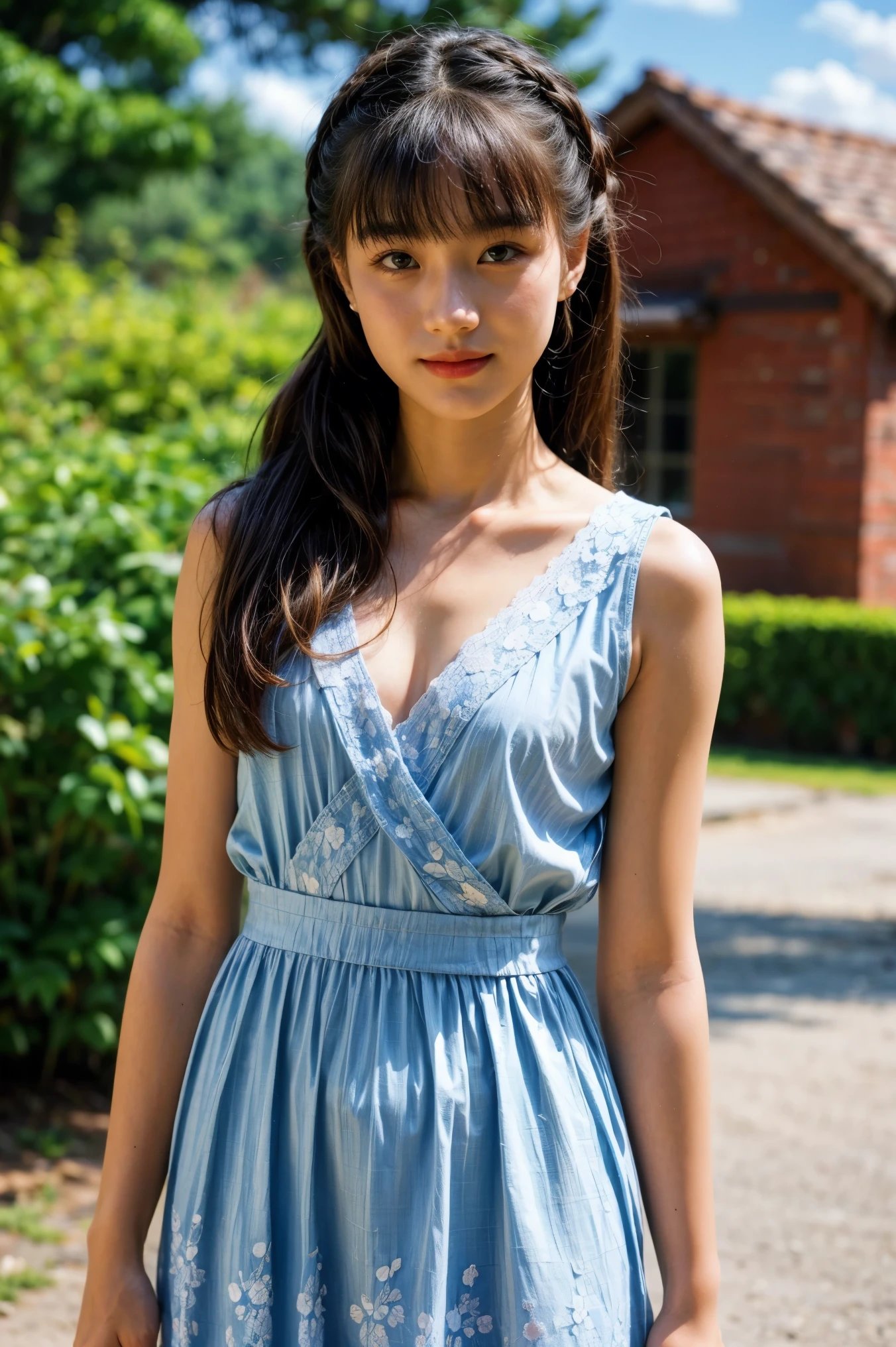 (realistic, photo-realistic:1.37), (masterpiece, best quality:1.2), high resolution photograph, 8k, RAW photo, intricate details, extremely detailed, (sharp focus), professional lighting, solo, 1girl, a young petite girl, (lace trimmed floral dress:1.2), (flat chest:1.5), twintails, hair scrunchie, fair skin, pale skin, fine-textured skin, detailed face, detailed eyes, sophisticated nose, smile, photo background, outdoors, blue sky and clouds, 