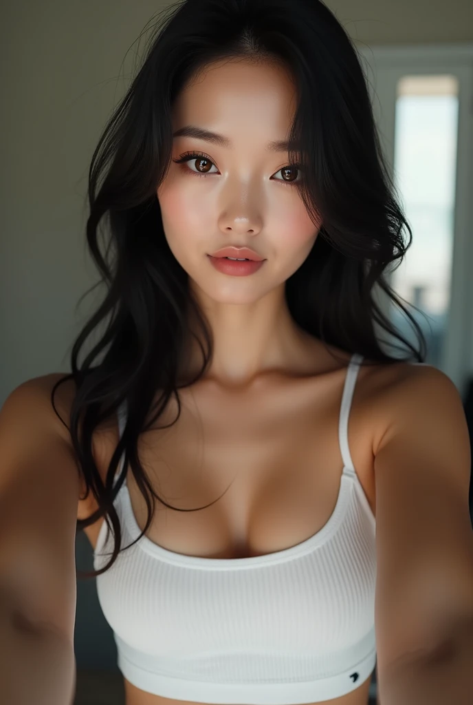 Close up selfie, blured selfie, high quality, beautiful 20 years old latina woman in her living room, wearing a sexy top and skirt, sexy look,big chest, sad bitch, medium long straight black hair, detailed face, perfect face, perfect hand, movie grain, ultra hd, 4k, realistic woman, real life, natural lights, hard shadows