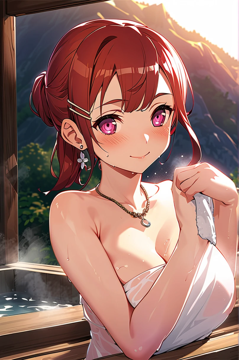  1 girl, Game CG, Hot spring resort in the mountains of Japan,} With a beautiful mountain in the background  々,( Hot steam rising from the steam tub that blocks your view:1.3),(岩風呂 Outdoor Bath:1.3),(  Outdoor Bathで肩を深く浴びる:1,3),上半身naked,,Hold a hand towel to cover your chest,blush、 smiles shyly、( beautiful girl)、(Short auburn hair、hairpin、poneyTail、Floating Hair、)Big Breasts、恥ずかしさでblushする、Dreamy eyes、 a smile that captivates the viewer 、View Photographers、Sweaty, shiny skin、  viewers staring at viewers  , Necklace 、Earrings、Pointed red mouth, perfect round face,, Proper Body Balance , intricate details, Very Delicate and Beautiful Hair ,Photo,Dreamy,Professional Lighting,Realistic shadows, solo focus , beautiful hands, Beautiful Fingers ,Detailed characteristics of the fingers,Detailed Arm Functions,detailed clothing features,Detailed hair features, detailed facial features,(masterpiece,top-quality,超 high definition の出力画像,) ,(8K quality,),( ultra HD mode image ,) Roll up a towel　 cute girl、 Big Breasts 、 Outdoor Bath、naked、Water up to my neck、 random hairstyle、 random pose 、blushした、shy、smile、超 high definition , textured skin,  high definition , masterpiece,  Anatomically Accurate , thin、Warm Light、  knight 、((( sweated)))、slender、, body towel 、Wet, transparent