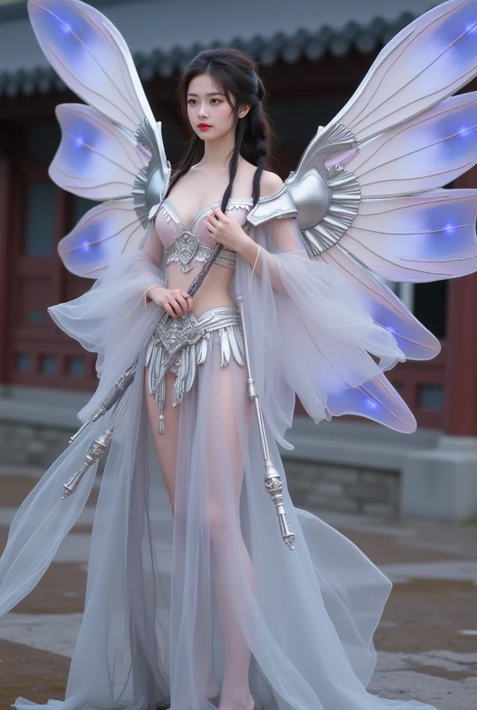 中国风大师work，（Boutique，4K， high res，masterpiece：1.2），Ultra-detailed，Lifelike，Shining， Middle，Yanagizhi ，Wu Changshuo，（（masterpiece）），Boutique，illustration，1个girl, Small chest,  beautiful delicate eyes ,  Beautiful and detailed cyberpunk city,  flat chest , Beautiful and fine hair, curls,  beautiful and detailed streets , mecha clothes, girl, Cool action, Silver tights, (Filigree),Dragon Wing，Colored background，一条龙站在girl身后，rain，（Lightning Effect）， Delicate Silver Dragon Armor ，（Cold Face），work，Brilliant colors， Stunning visual effects ， Otherworldly appearance ，Captivating artistry，Focus on your audience ,  first person view,  anatomically correct , accurate, 8k