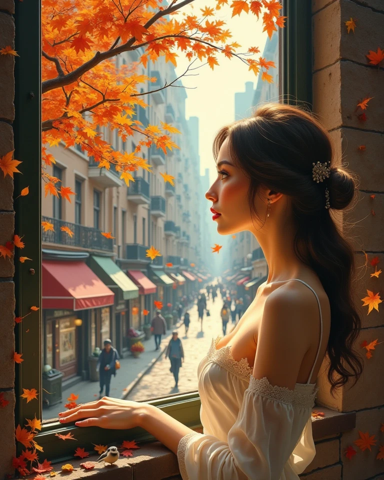 Masterpiece surreal hyper realistic oil on canvas painting in Don Lawrence style about the autumn leaves drift by the windows when a beautiful woman is staring on a beautiful tree leaves falling on the streets with a small bird perched on a branch, High Resolution, Award Winning, Best Quality, Detail, High Details, UHD, 