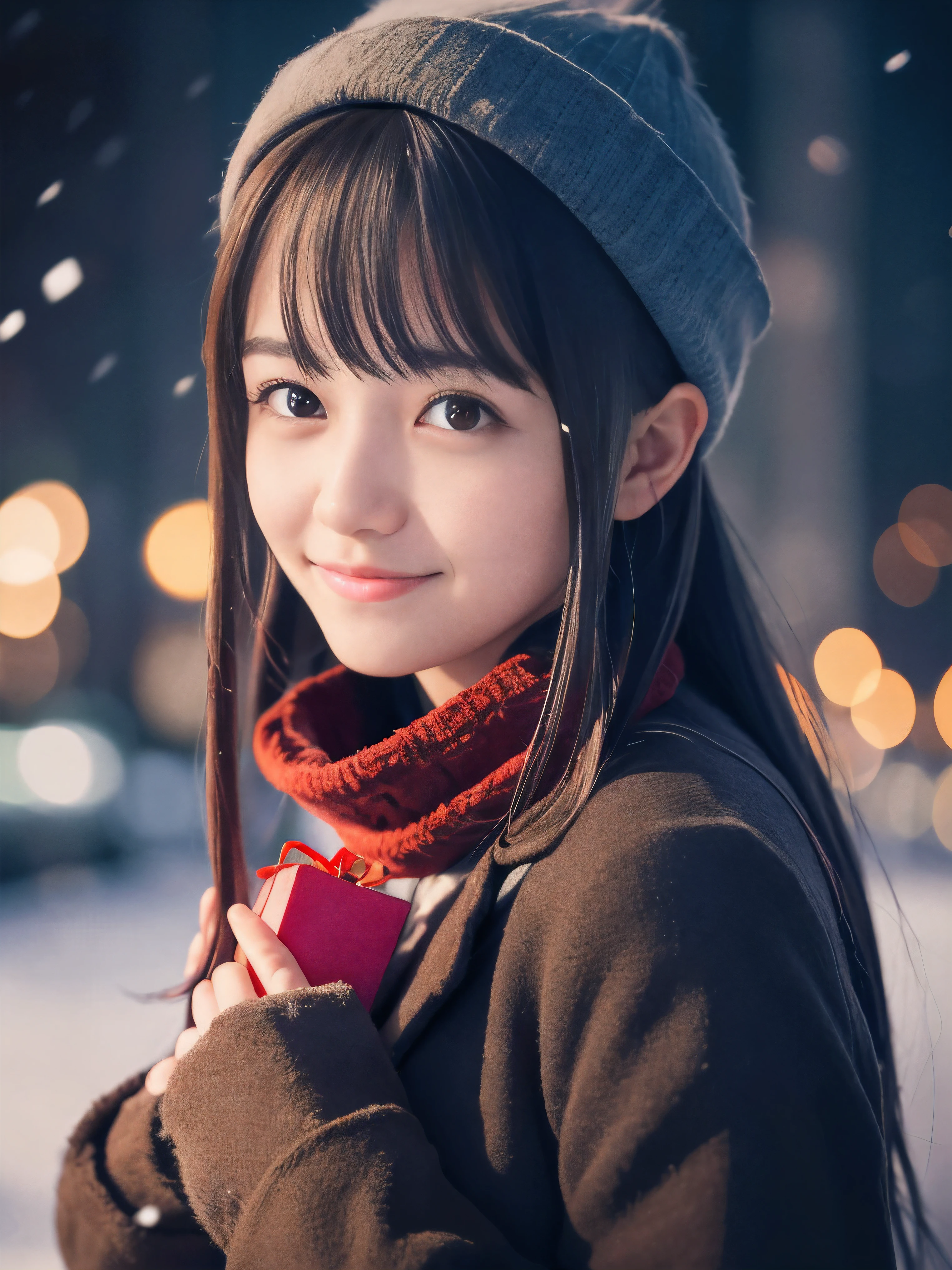 (Close-up face shot of one slender small breasts dark silver long hair with swept bangs girl in a winter long coat and scarf:1.5)、(One girl is holding a gift box with gloves in hand with small smile:1.5)、(Very beautiful Christmas illumination:1.5)、(Heavy snowing night:1.5)、(blurred background:1.5)、(Natural light:1.5)、(8k ultra detailed master piece:1.5)、(perfect anatomy:1.5)、(Photorealistic stick:1.5)、(Raw photo:1.3)、(highest quality:1.5)、(High resolution:1.3)、(Delicate and beautiful perfect face:1.3)、(Delicate and beautiful eye air skin:1.3)、(Real Human Skin:1.3)、((thin legs))