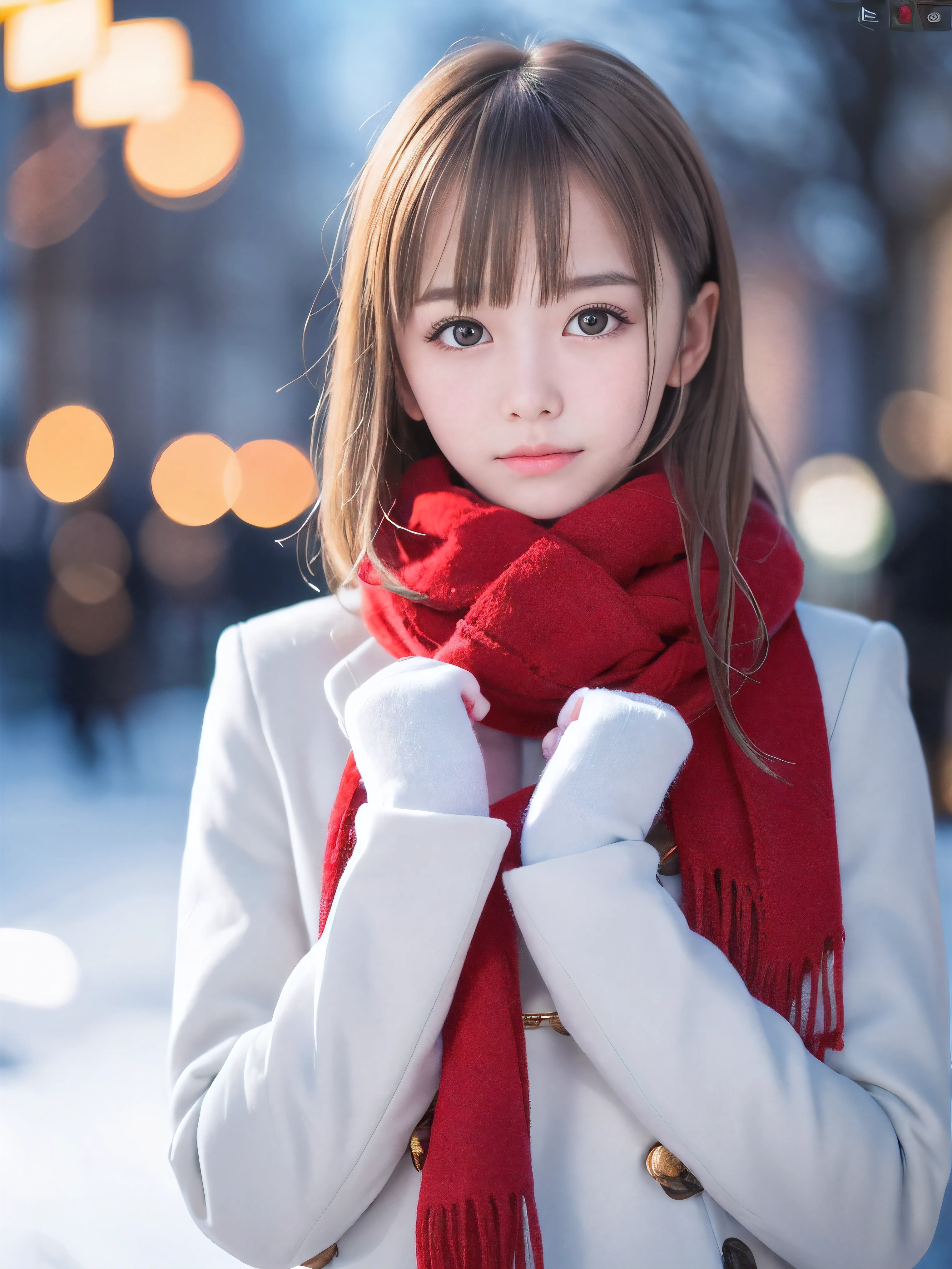 (Close-up face shot of one slender small breasts half up blonde long hair with bangs girl in a winter white long coat and red scarf:1.5)、(One blonde hair girl is turn around with holding  a gift box with gloves in hand with sad face:1.5)、(Very beautiful Christmas illumination:1.5)、(Heavy snowing night:1.5)、(blurred background:1.5)、(Natural light:1.5)、(8k ultra detailed master piece:1.5)、(perfect anatomy:1.5)、(Photorealistic stick:1.5)、(Raw photo:1.3)、(highest quality:1.5)、(High resolution:1.3)、(Delicate and beautiful perfect face:1.3)、(Delicate and beautiful eye air skin:1.3)、(Real Human Skin:1.3)、((thin legs))