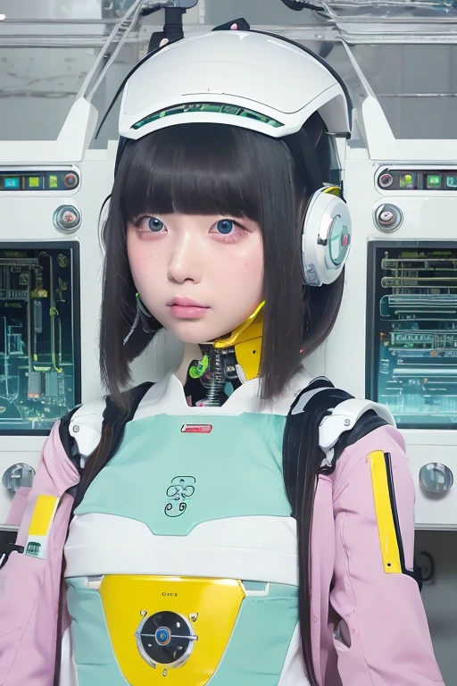 masterpiece, best quality, extremely detailed,portrait,front view,Japaese android girl,Plump,pastel color uniform, control panels,android,Droid,Mechanical Hand, Robot arms and legs,Blunt bangs,long tube,thick cable connected her neck