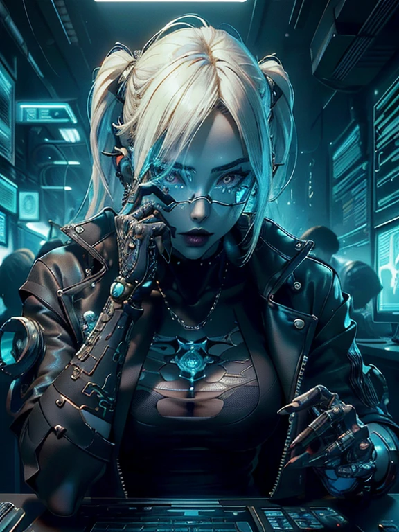 masterpiece,  best quality,  Highly Detailed CG Unity 8K Wallpaper,beautiful Alluring  cyberpunk Female hacker, ((Upper body portrait)), ( long pointed ears ), (The most beautiful and perfectly symmetrical face),  Elegant Long Wave Platinum Blonde Hair, ((Average chest, Self-illuminating skin)), Curved slender body ,  Tube Dress ,  cyberpunk gogles connected with wires to computer screens,  Mechanical Hands ,  no underwear,  cyberpunk,  Fantasy Theme ,  sitting in a mechanical chair 、 d character portrait 、 beautiful Alluring cyberpunk Female hacker {x} in a dark room with a neon computer monitor, beautiful D&  d character portrait , beautiful Face, Unlucky, Dark fantasy, Fiverr Dnd Character,  octane rendering intertwined ,  digital art  ,  Extreme Details, 4K, , Polished, beautiful,  High Details ,  complicated, Exquisite , Close up portrait of , Photographically,  sharp concentration,　繊細な詳細の写実主義HDR,  photorealism,  hyperrealism ,  super realistic,  dramatic light ,  Strong Shadows  ,  Amazing Scenery ,  Depth of Written Boundary,