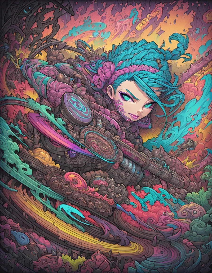 a detailed graffiti mural of jinx from league of legends, vibrant colors, dynamic pose, spray paint textures, doodle art style, highly detailed, vivid, hyper detailed, 4k