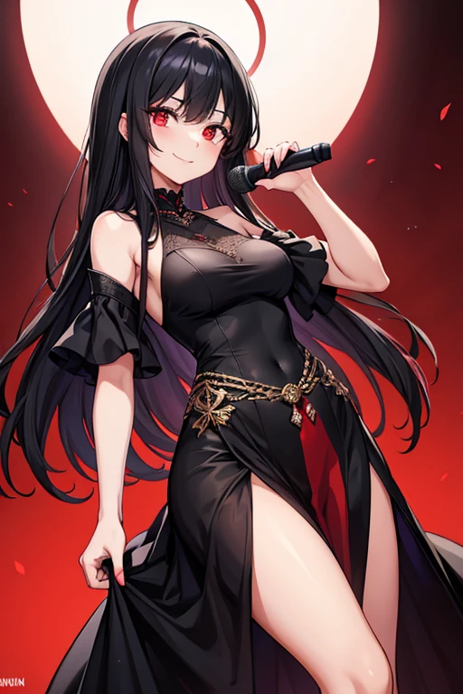  1 beautiful girl with pieces 　Shows up to the waist　 Black Long Hair 　Red eyes　 bewitching smile　black long dress with slits　Rapper　 having a microphone