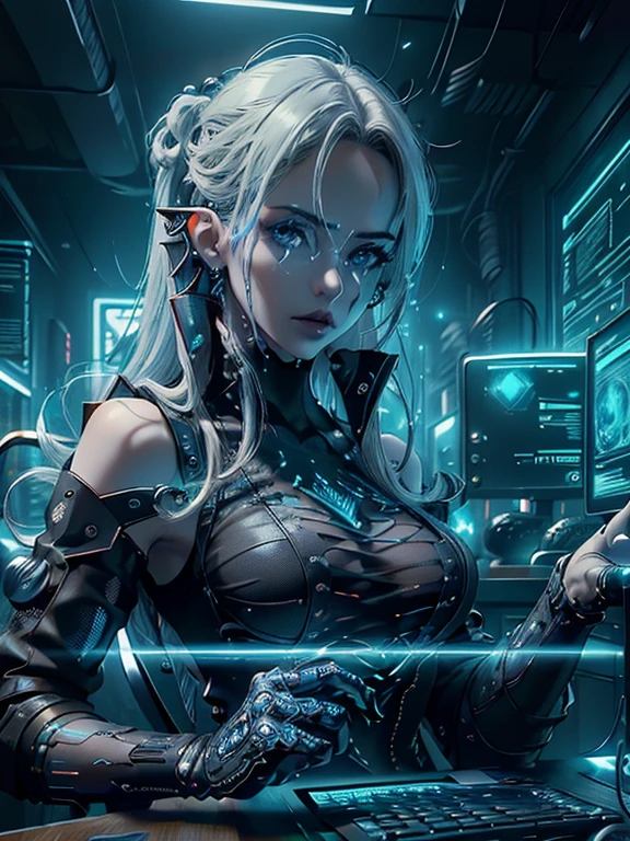 masterpiece,  best quality,  Highly Detailed CG Unity 8K Wallpaper,beautiful Alluring  cyberpunk Female hacker, ((Upper body portrait)), ( long pointed ears ), (The most beautiful and perfectly symmetrical face),  Elegant Long Wave Platinum Blonde Hair, ((Average chest, Self-illuminating skin)), Curved slender body ,  Tube Dress ,  cyberpunk gogles connected with wires to computer screens,  Mechanical Hands ,  no underwear,  cyberpunk,  Fantasy Theme ,  sitting in a mechanical chair 、 d character portrait 、 beautiful Alluring cyberpunk Female hacker {x} in a dark room with a neon computer monitor, beautiful D&  d character portrait , beautiful Face, Unlucky, Dark fantasy, Fiverr Dnd Character,  octane rendering intertwined ,  digital art  ,  Extreme Details, 4K, , Polished, beautiful,  High Details ,  complicated, Exquisite , Close up portrait of , Photographically,  sharp concentration,　繊細な詳細の写実主義HDR,  photorealism,  hyperrealism ,  super realistic,  dramatic light ,  Strong Shadows  ,  Amazing Scenery ,  Depth of Written Boundary,