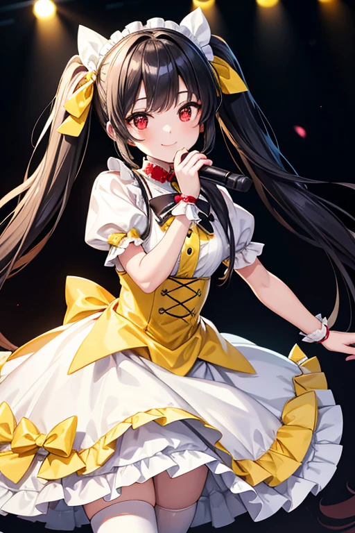  1 beautiful girl with pieces 　Shows up to the waist　 Black Long Hair 　 twin tails　Red eyes　 bright smile　white and yellow sweet ****ta clothes　 White and Yellow ****ta Outfits　Rapper　 having a microphone