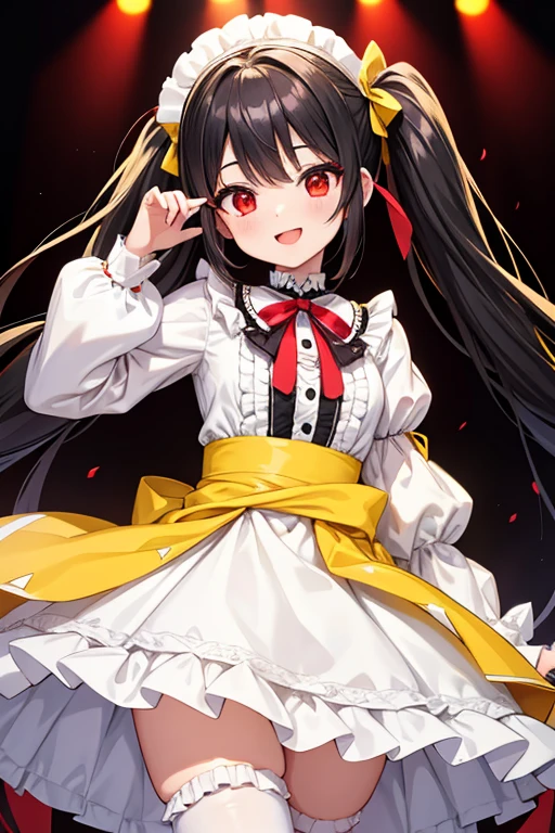  1 beautiful girl with pieces 　Shows up to the waist　 Black Long Hair 　 twin tails　Red eyes　 bright smile　white and yellow sweet lolita clothes　 White and Yellow Lolita Outfits　Rapper　 having a microphone