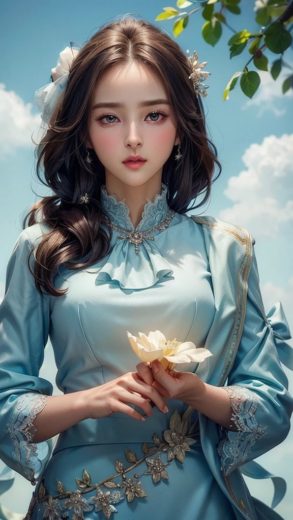 (masterpiece), ( top notch ), ( high quality detail ), (illustration), (1 woman),  are watching viewers, (Interview),  beautiful detailed eyes ,  delicate and beautiful face , Floating , (Highly saturated ), (shining),  blue sky, Bright and beautiful face,  Her skin is young, radiant, , 공정하고 shining, Best appearance , Very beautiful,  big eyes shine with clear sky blue light,  beautiful and amazing beautiful girl ,