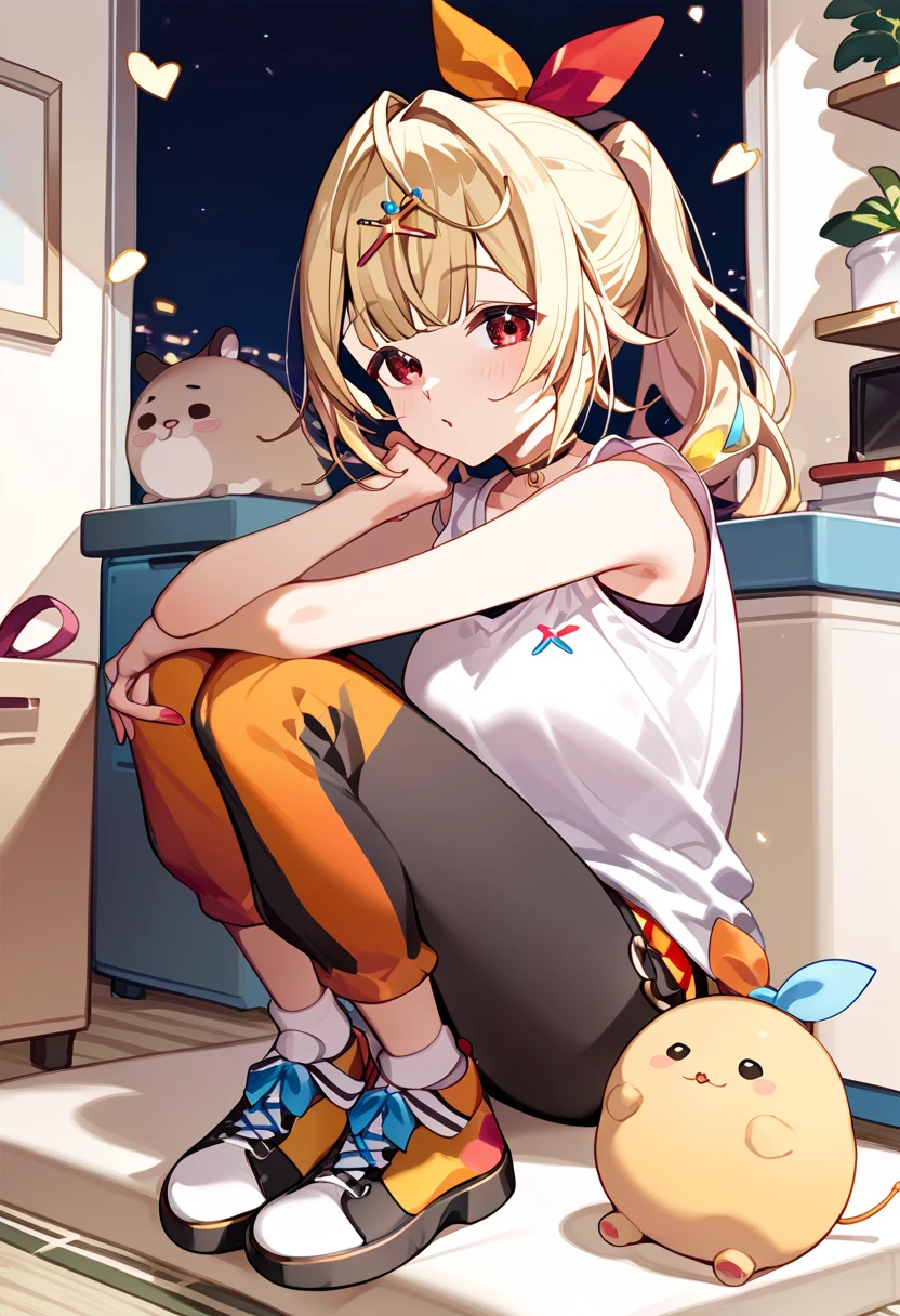 hololive,hoshkawa sara,Nijisanji, sleeveless white t-shirt、light blue hot pants、水色shoes下、shoes、 Blonde ponytail、 bunting hairpins 、Red eyes、black show pants 