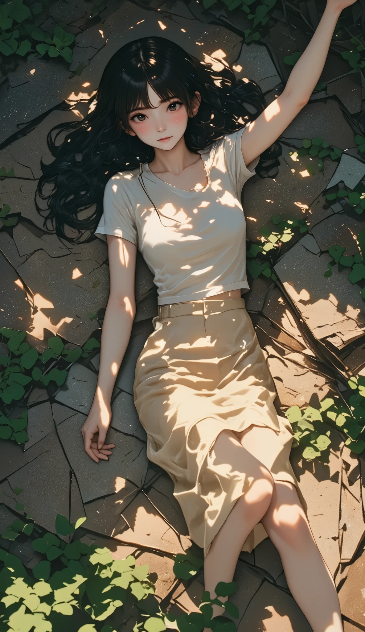 Female College Student,Broken footage, lying on the ground ,Fragmentation, looking down from above,View from below,witch,color,naked, blossoms , vines,Burial Place,Grave,spooky,Earthy,Deep dark background, complex background,Rich details, high definition ,masterpiece, storytelling images,