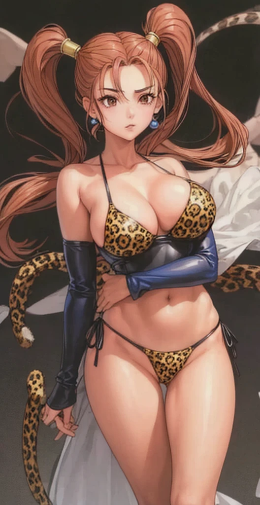 Jessica with big breasts of 93 or more, beautiful legs, and a mature face with twin tails that are shoulder-length is standing in a leopard print bikini。Her arms are unclothed 。High image quality。