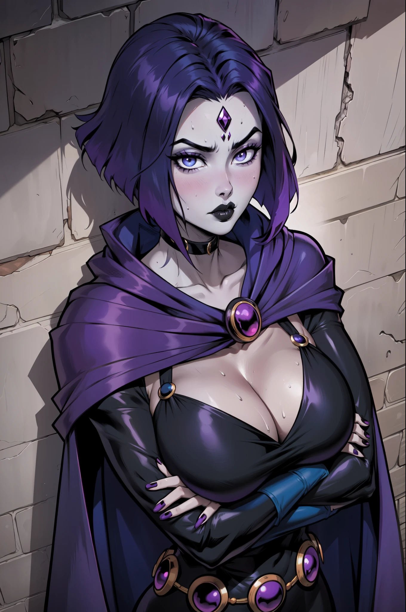 (dc
dc comics
teen titans
rachel roth
raven (dc)
11 22
against wall
annoyed
arms under breasts
black lips
black lipstick
blue eyes
blue hair
blush
brick wall
cape
cleavage
cloak
collarbone
crossed arms
embarrassed
forehead jewel
from above
goth
huge breasts
large breasts
looking at viewer
pale skin
pout
purple eyes
purple hair
sweat