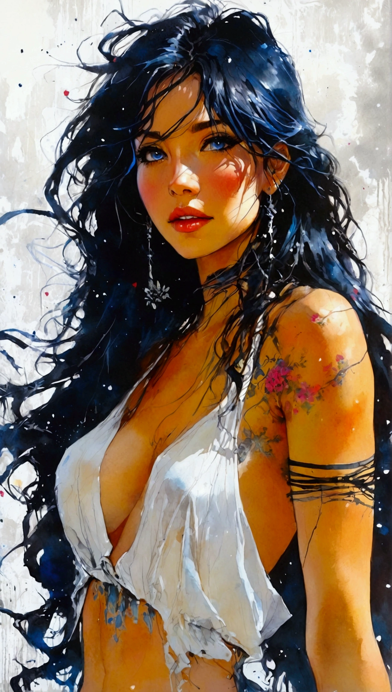 A Gil Elvgren pin-up style painting of a beautiful nude goth woman with big messy black hair, vibrant and colorful, full body shot, 