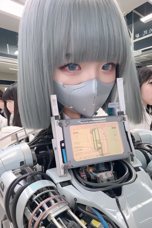 masterpiece, best quality, extremely detailed,portrait,front view,Japaese android girl,Plump,pastel color uniform, control panels,android,Droid,Mechanical Hand, Robot arms and legs,Blunt bangs,long tube,thick cable connected her neck