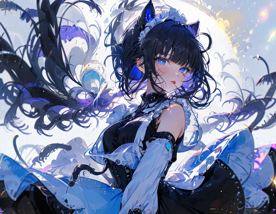 1girl, absurdly long black hair blunt bangs, blue eyes, cat ears, cat tail, chestnut mouth, large breast, open shoulder maid uniform, high waist short skirt, wind browing, floating hair, white background, contrapposto, cool expression, from below, look at viewer, soft focus, lens flare, masterpiece, best quality, vivid light color, Vector Art, 2D flat, simple shapes, professional graphic, flat color, Sleek design, 1girl, absurdly long black hair blunt bangs, blue eyes, cat ears, cat tail, chestnut mouth, large breast, open shoulder maid uniform, high waist short skirt, wind browing, floating hair, white background, contrapposto, cool expression, from below, look at viewer, soft focus, lens flare, masterpiece, best quality, Matte frosted color, Vibrant colors, Layering impasto (oil painting:1.1), ultra-detailed texture, perfect composition, intricate details, high resolution, High contrast, sharp focus, Delicate brushwork, ,AddXL,Dream Scenery