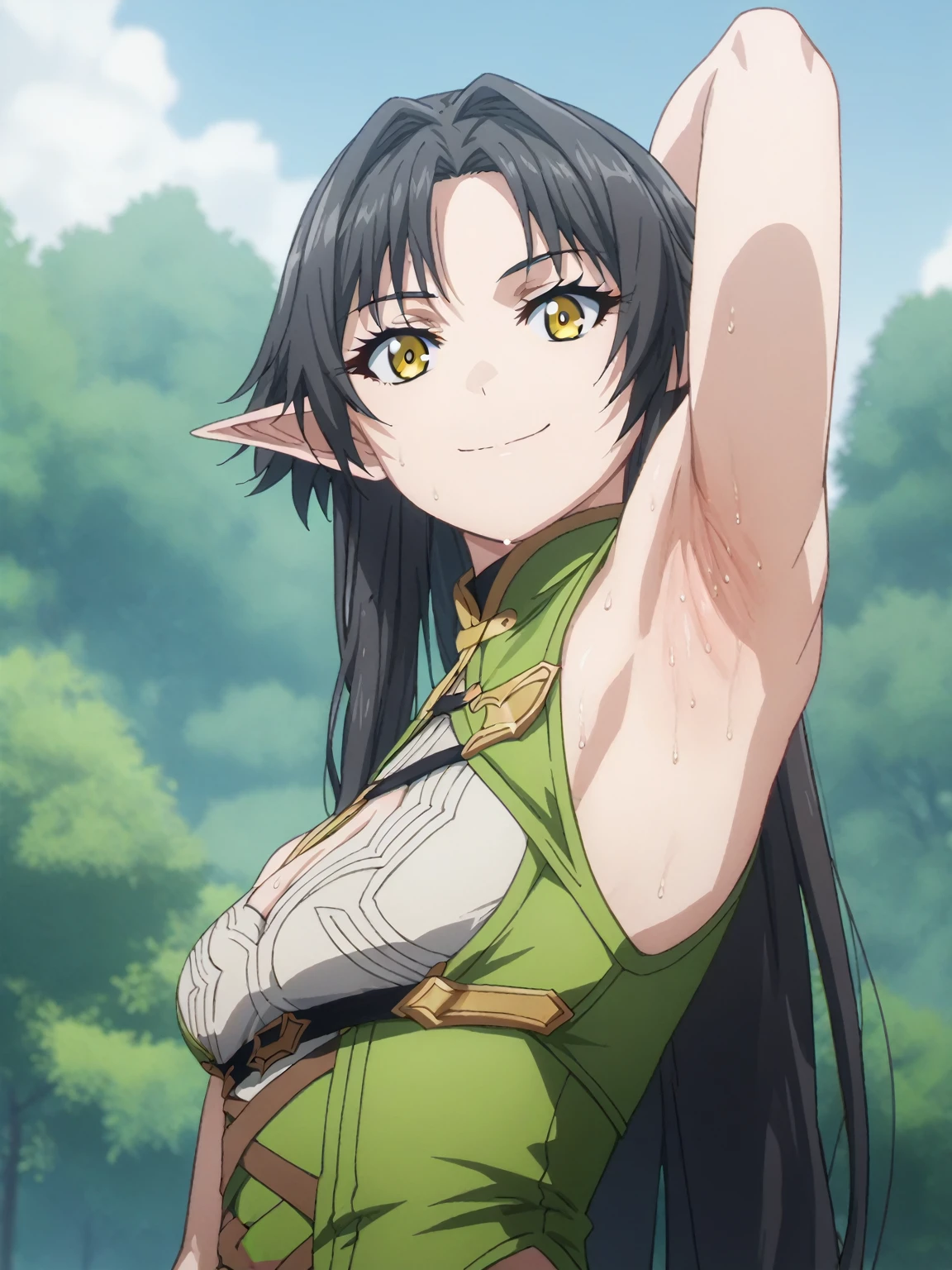 score_9, score_8_up, score_7_up, source_anime, anime screencap, 1girl, solo, celestine, long hair, greeb hair, yellow eyes , elf ears, small breasts, green outfit, cleavage, arm behind head, armpit, armpit focus, from side, (from below:1.1), looking at viewer, head towards viewer, smile, closed mouth, badhandv4, outdoors, day, sweaty armpits