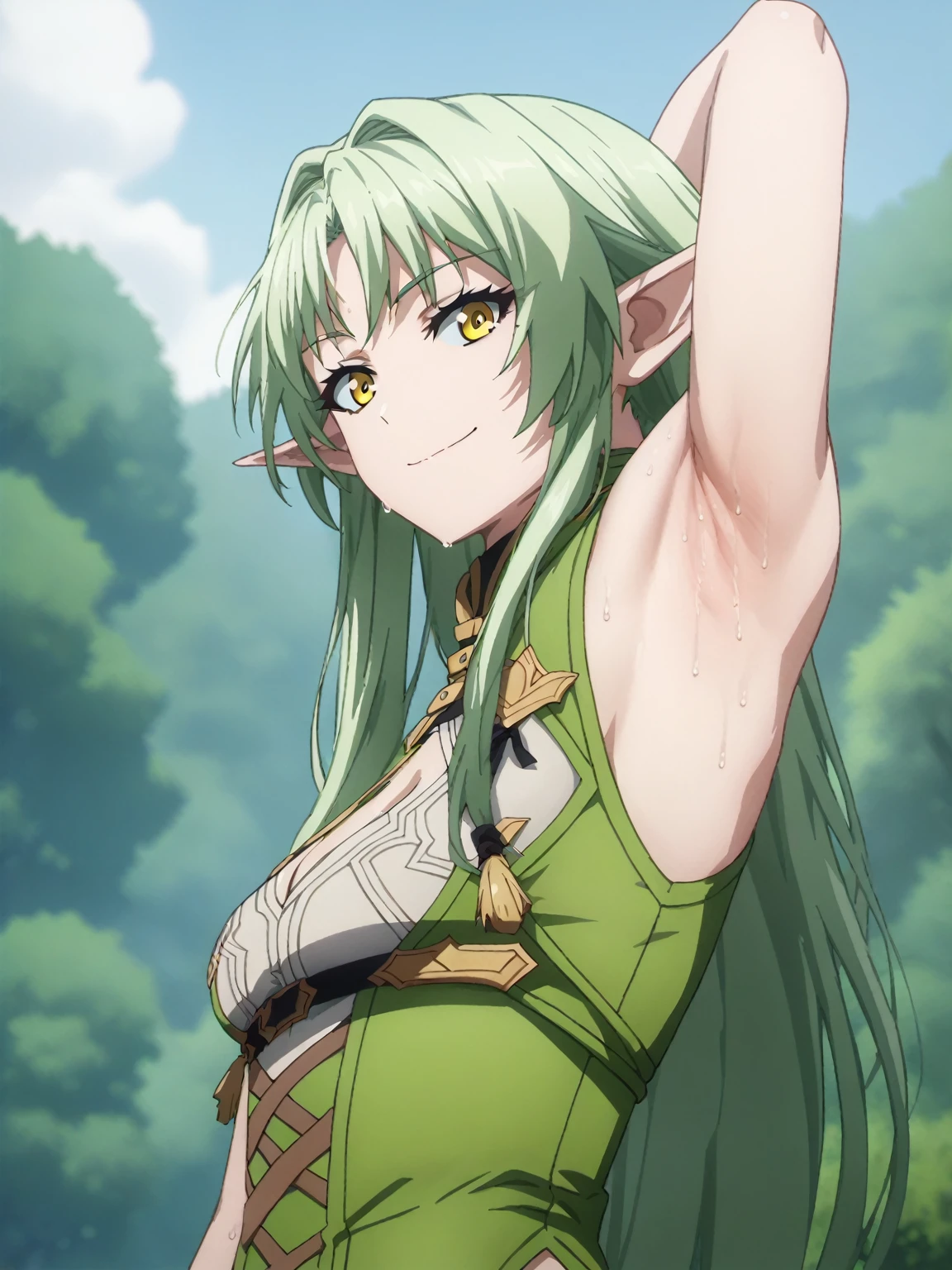 score_9, score_8_up, score_7_up, source_anime, anime screencap, 1girl, solo, celestine, long hair, greeb hair, yellow eyes , elf ears, small breasts, green outfit, cleavage, arm behind head, armpit, armpit focus, from side, (from below:1.1), looking at viewer, head towards viewer, smile, closed mouth, badhandv4, outdoors, day, sweaty armpits