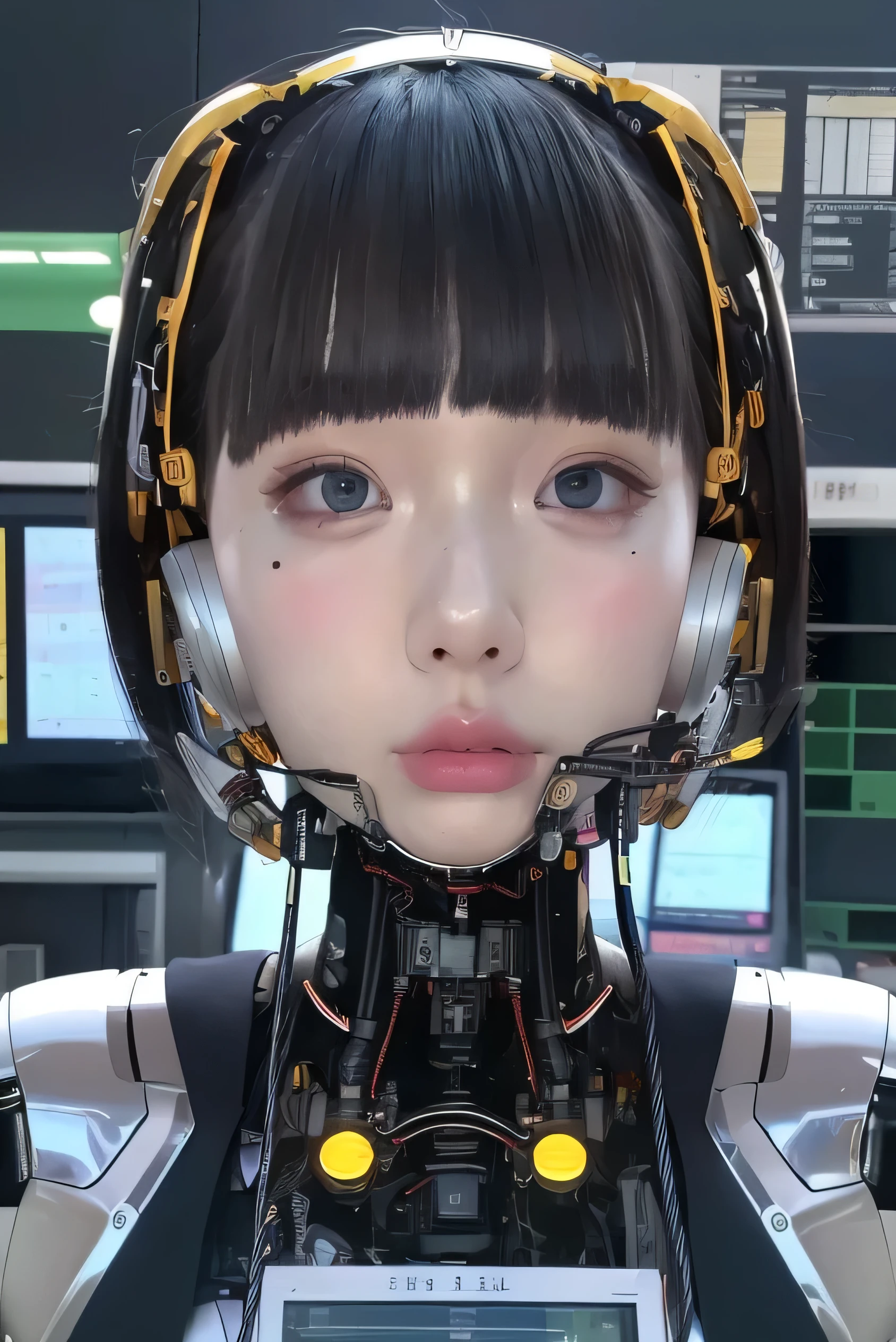 masterpiece, best quality, extremely detailed,portrait,front view,Japaese android girl,Plump,pastel color uniform, control panels,android,Droid,Mechanical Hand, Robot arms and legs,Blunt bangs,long tube,thick cable connected her neck