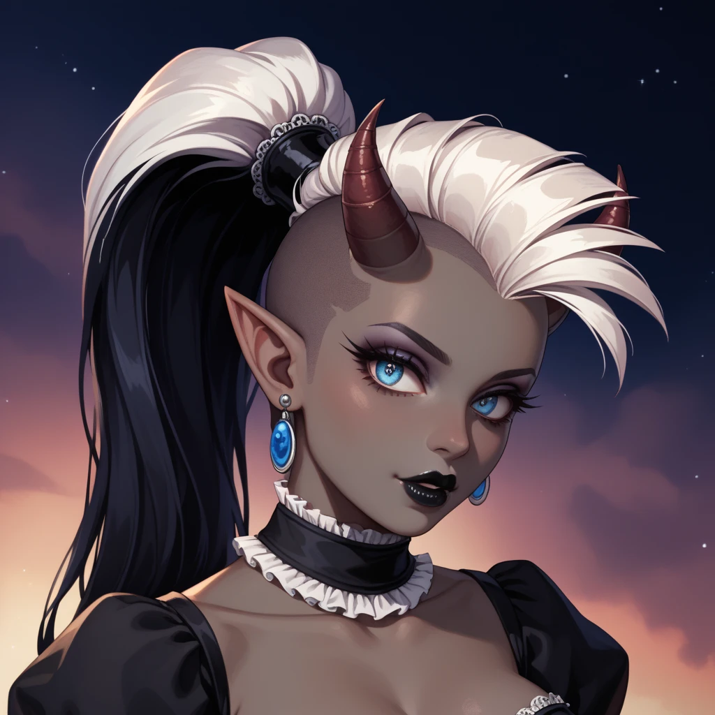 score_9, score_8_up, score_7_up, ((Masterpiece)), ((highres)), ((1person, 1girl, 1female)), Random poses, beautifully detailed succubus girl, ((white mohawk w/ponytail)), defined elf ears with ear guages, defined eyes, pastel iris, long eye lashes, defined nose, black lipstick, curvy, (((Black skin))), black demon horns, breasts, night sky, pastel gothic style, gothic style art, gothic asthetic, (((gothic horror background))), bust shot