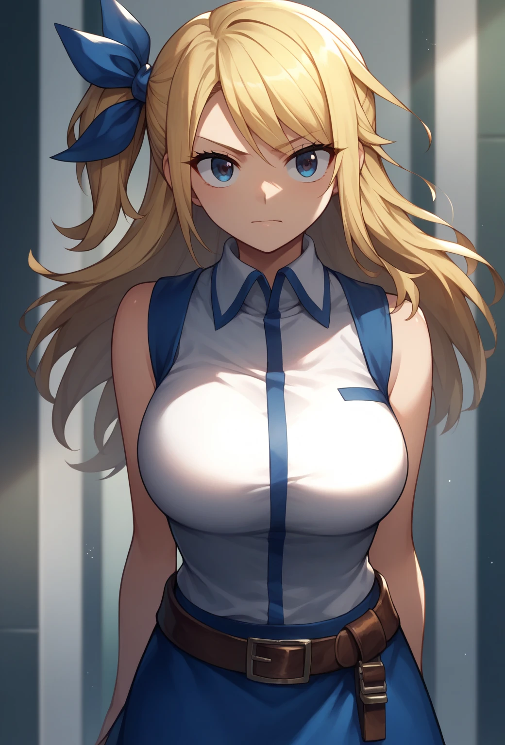  aaLucy, hair ribbon, side ponytail, blonde hair, long hair, large breasts, white shirt, sleeveless, belt, blue skirt, from front, solo, alone, masterpiece, best quality, ultra-detailed, high resoolution, 8K, detailed background, dynamic moving, detailed face, anime,