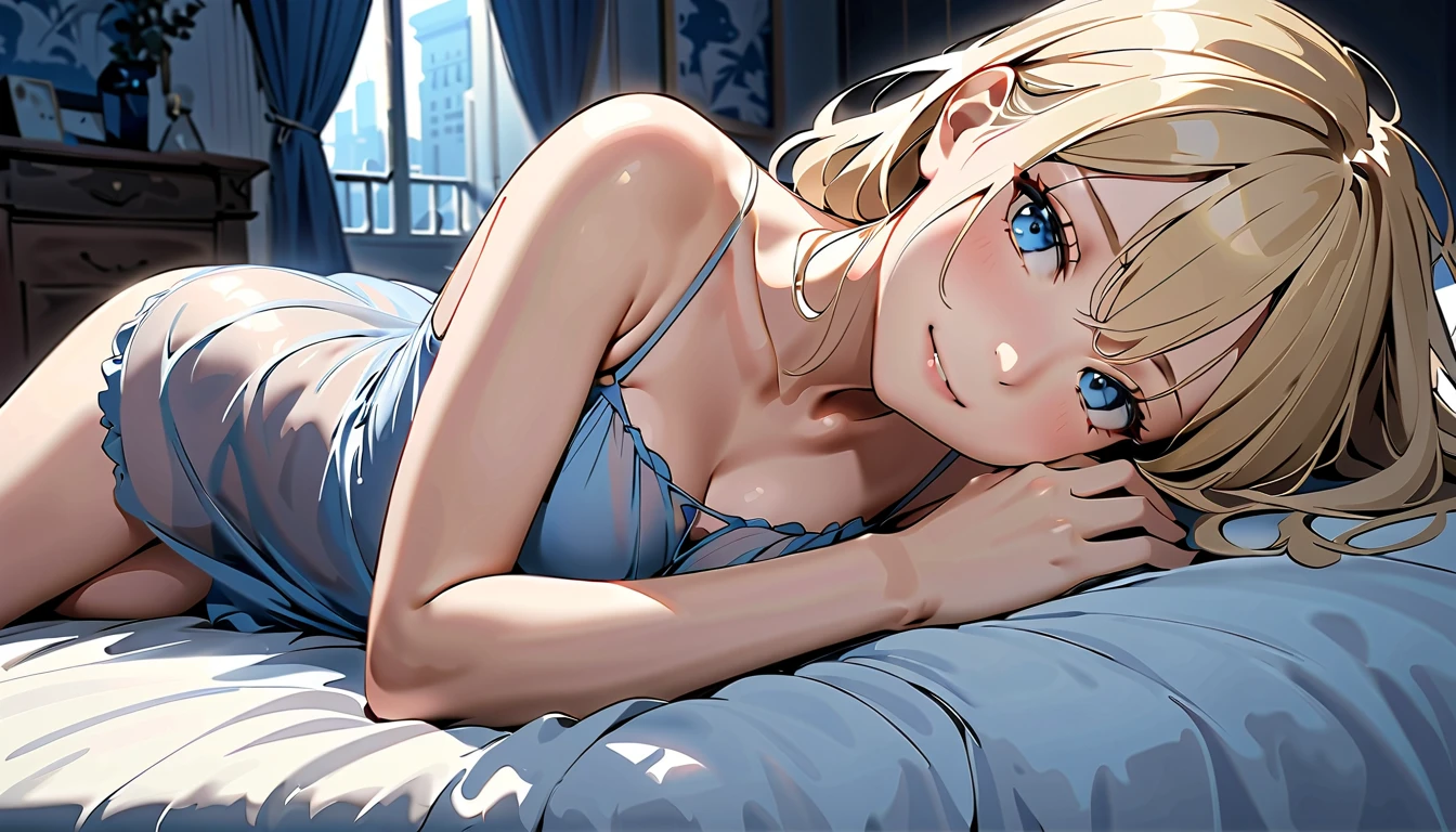 masterpiece, best quality, ultra detailed, ultra high resolution, very detailed face, solo, anime, top down angle, 20 years old girl, slim, (((lace underwear))), (((lying on the bed, upper body only))), ((golden short hair)), (six pack abs:1.2), medium breast, little smile, in the room at night