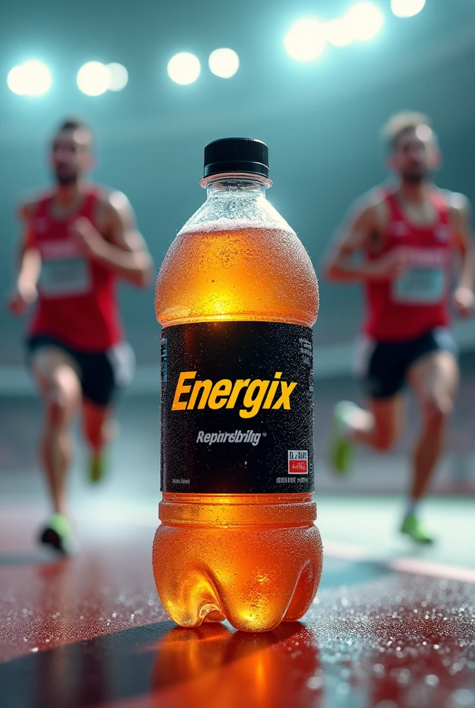 Imagine a vibrant advertising poster for an isotonic drink called "Energize Plus". En el centro de la imagen, there is an athlete in full action, like a runner in the home stretch of a marathon. The athlete, a young man in excellent physical shape, is sweating heavily, with an expression of determination and focus, Correndo em alta velocidade. He wears modern, tight-fitting sportswear., black in color, that contrast with the dark background of the image.

Next to the corridor, in the spotlight, there is a bottle of "Energize Plus", clear with bright orange liquid, radiating energy and vitality. The bottle looks almost illuminated, with drops of water running down the outside, conveying the idea of freshness.

The background is dark, with colors ranging from black to gray, making the vibrant colors of the isotonic and the athlete stand out. There is an explosion of colors, as orange, yellow and green, radiating from the bottle, symbolizing the revitalization and energy that the product offers.

Na parte superior, the title in big, bold letters: "Revitalize Your Energy, Overcome your limits!". Logo abaixo, in smaller letters, o slogan: "Energize Plus – Recharge your strength with every drop." At the bottom of the poster, there is additional information in smaller text, including "Available in Citrus Burst and Tropical Power flavors", and the product logo on the right.