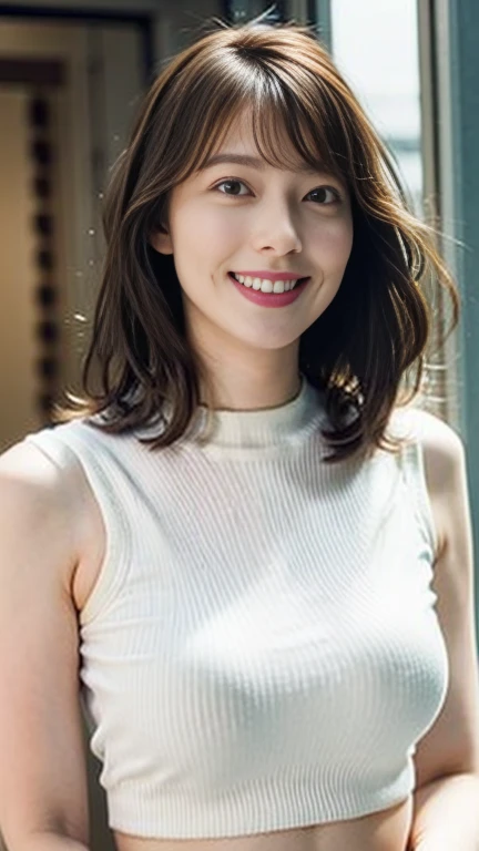  mature girlfriend 、Clear、virgin、28 years old、  wavy shoulder length hair 、Double teeth、Shapely breasts、 bright 、Japanese、Fits the bodyＶknitted shirt with neck、Enhances the shape of the breasts、 realistic feel